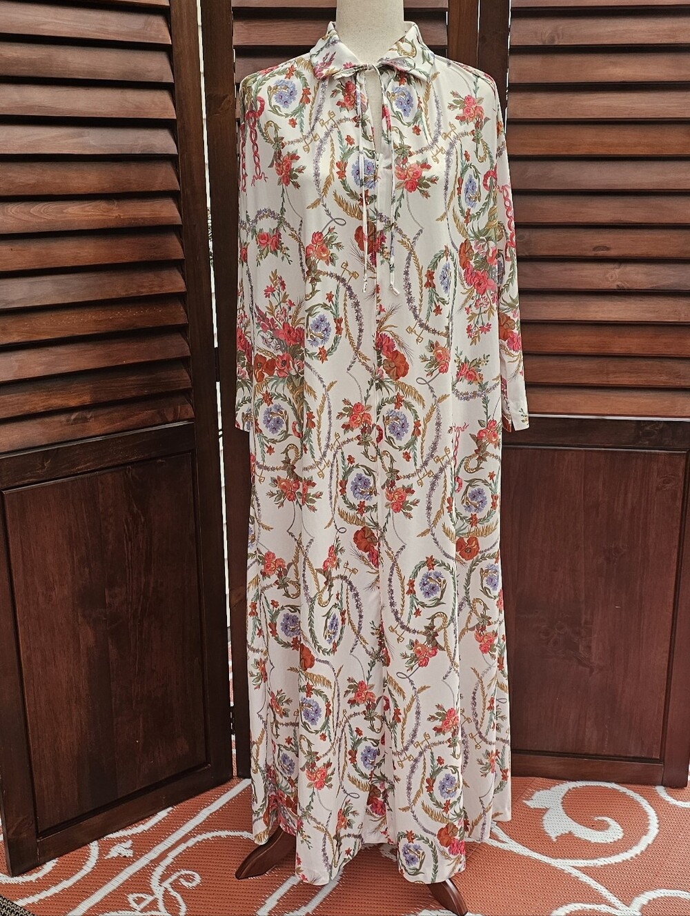 1960's-1970's Floral Tie-Neck Maxi Dress in Cream